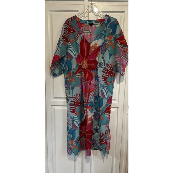 Talbots Dresses & Skirts - Talbots Kaftan Beach Swim CoverUp Dress Large Sheer Tropical Floral Ocean Maxi